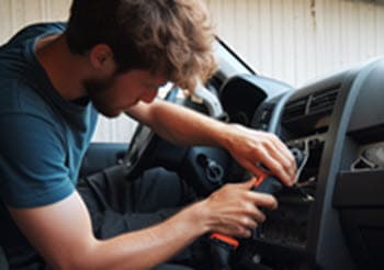Man in a Blue Shirt Using a Tool to Remove a Part of the Trim on a Dashboard.
